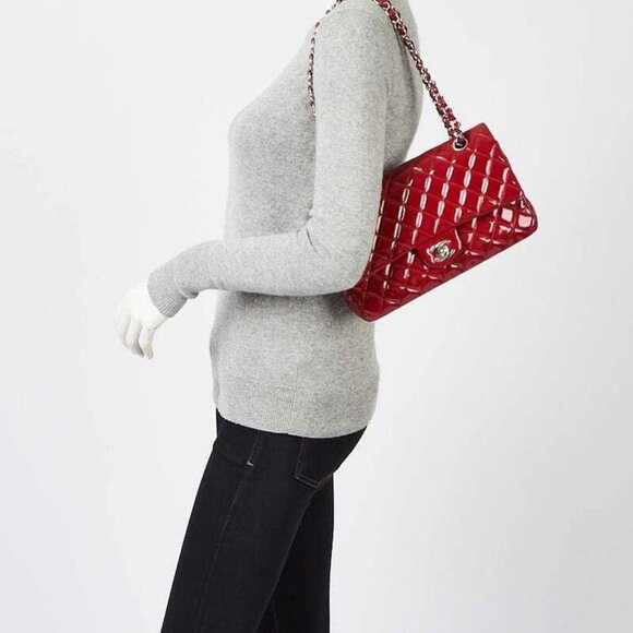 Chanel Red Quilted Patent Leather Classic Medium Double Flap Bag - Picture 6 of 11